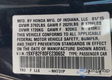 2015 Honda Civic Ex from USA, damaged, VIN 19XFB2F80FE230652